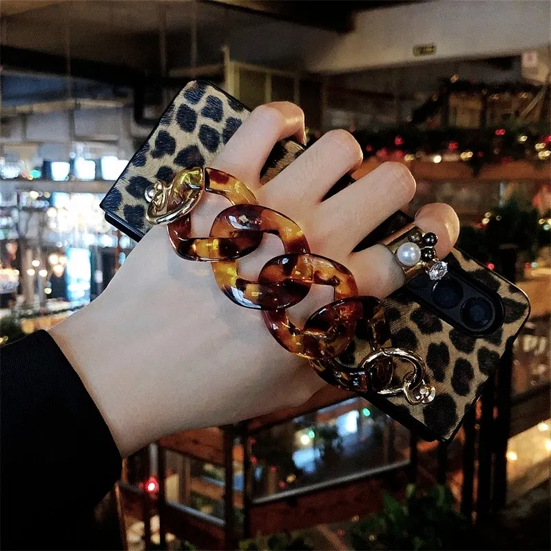 Color: Black, Material: ABS - Luxury Leopard Print PU Leather Phone Case For Samsung Galaxy ZFold 5 Z Fold 4 Z Fold 3 5G Cover with Wrist Strap for Woman Girl