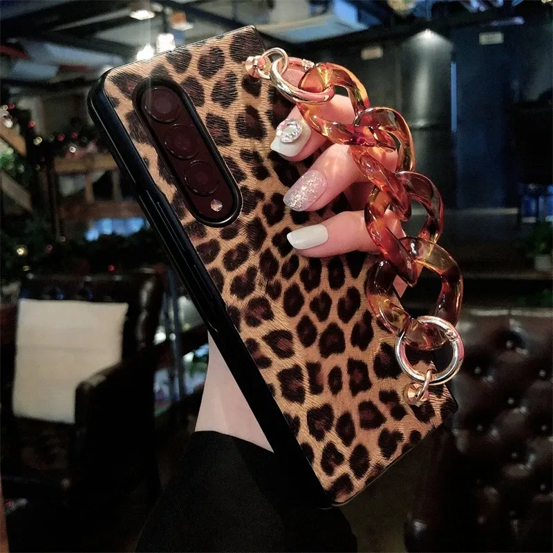 Color: Black, Material: ABS - Luxury Leopard Print PU Leather Phone Case For Samsung Galaxy ZFold 5 Z Fold 4 Z Fold 3 5G Cover with Wrist Strap for Woman Girl