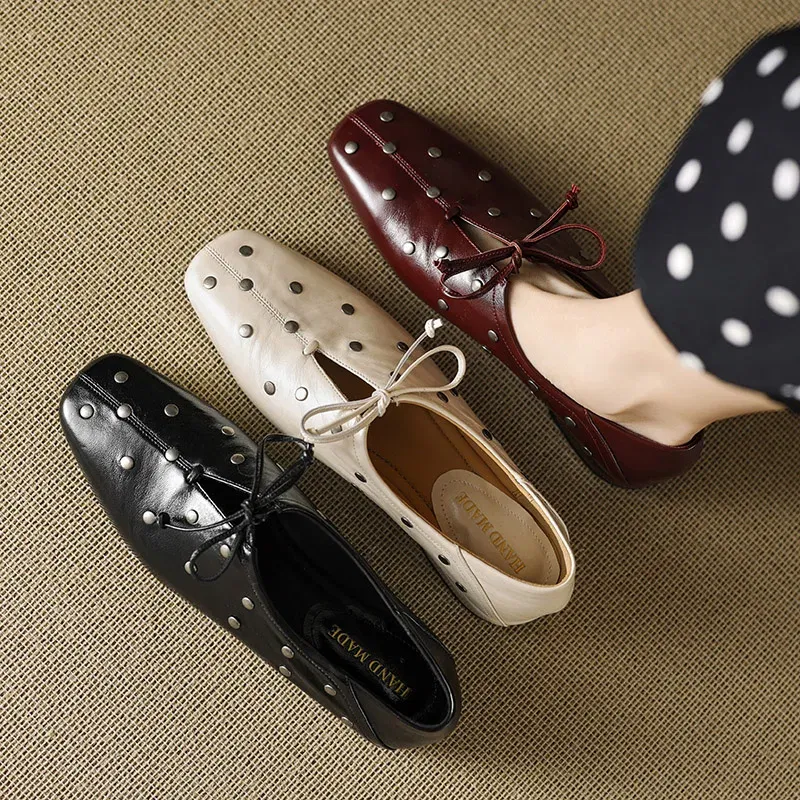 Phoentin Women's Genuine leather Lace-Up Loafers square Toe Low Heels Office Lady Shoes Elegant plus Size 42 Spring 2025 FT3901
