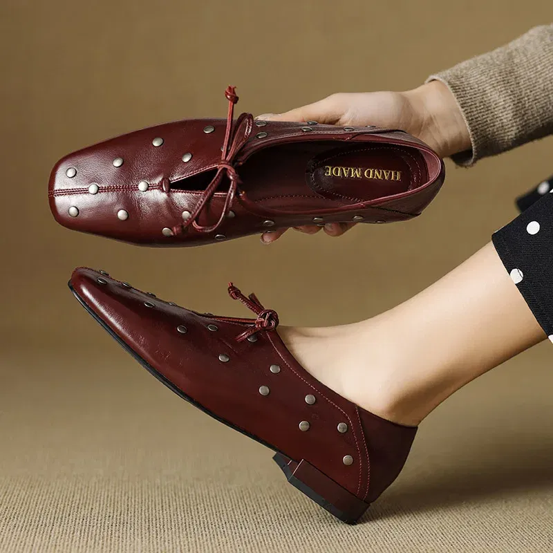 Phoentin Women's Genuine leather Lace-Up Loafers square Toe Low Heels Office Lady Shoes Elegant plus Size 42 Spring 2025 FT3901