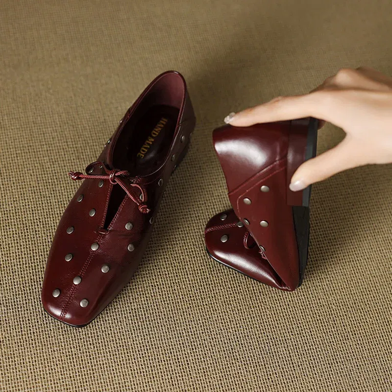 Phoentin Women's Genuine leather Lace-Up Loafers square Toe Low Heels Office Lady Shoes Elegant plus Size 42 Spring 2025 FT3901