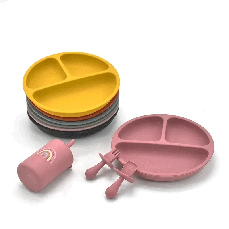 Color: Burgundy - 9Colors Baby Plate Set Food Grade Silicone Dishes BPA-Free Tableware Kids Feeding Bowls Kids Learning Dishes Tray Dropshiping