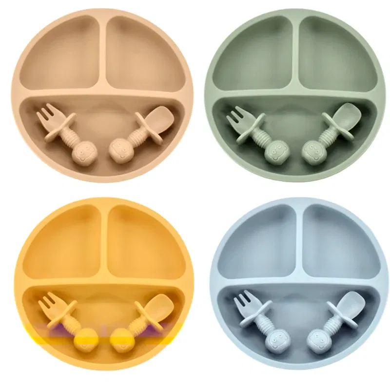 Color: Burgundy - 9Colors Baby Plate Set Food Grade Silicone Dishes BPA-Free Tableware Kids Feeding Bowls Kids Learning Dishes Tray Dropshiping