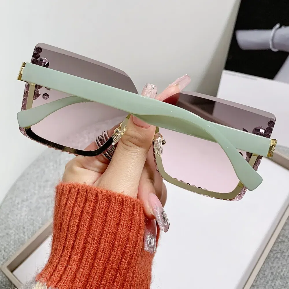 Frame Color: Green, Lenses Color: GRAY - Women Festival Bling Rhinestone Square Sunglasses Female Trendy Gradient Crystal Rave Glasses For Party