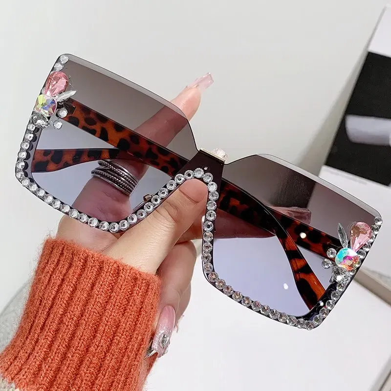 Frame Color: Green, Lenses Color: GRAY - Women Festival Bling Rhinestone Square Sunglasses Female Trendy Gradient Crystal Rave Glasses For Party