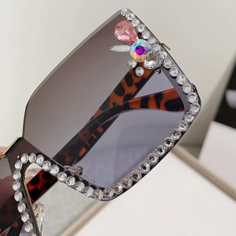 Frame Color: Green, Lenses Color: GRAY - Women Festival Bling Rhinestone Square Sunglasses Female Trendy Gradient Crystal Rave Glasses For Party