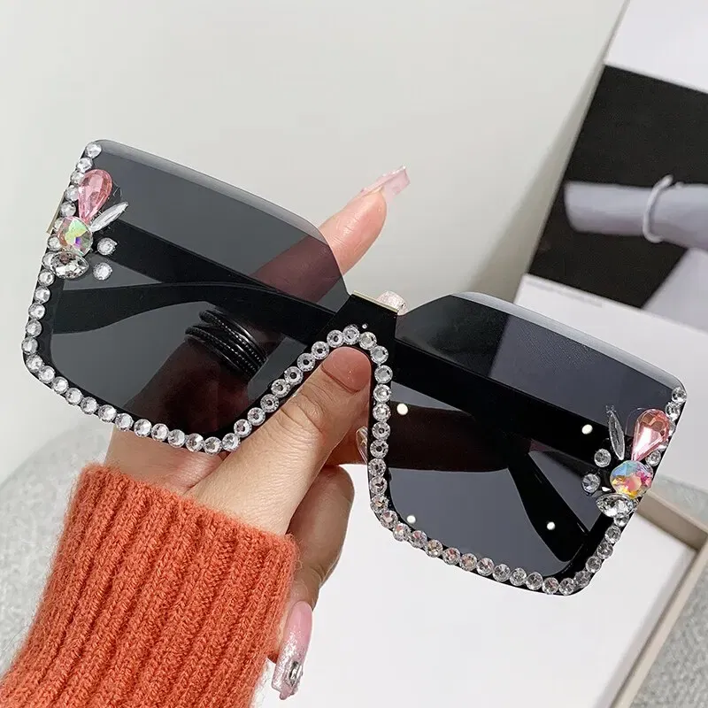 Frame Color: Green, Lenses Color: GRAY - Women Festival Bling Rhinestone Square Sunglasses Female Trendy Gradient Crystal Rave Glasses For Party