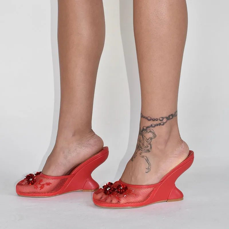 Fashion Women Summer Wedges Mesh Shoes For Woman's Flower Round Toe Slip-On Hollow High Heeled sandals Mujer Party Wedding Pumps