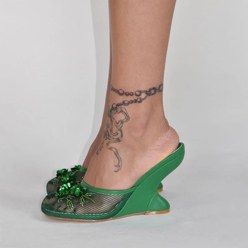 Fashion Women Summer Wedges Mesh Shoes For Woman's Flower Round Toe Slip-On Hollow High Heeled sandals Mujer Party Wedding Pumps