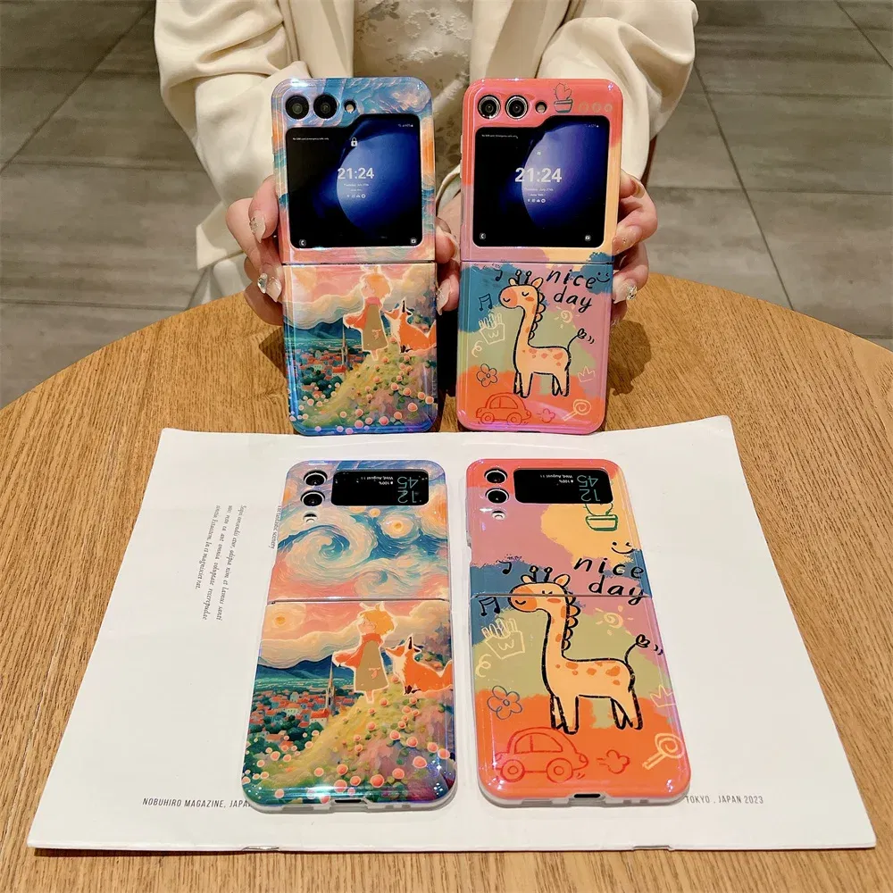 Material: Canvas, Color: Beige - Cute Lazy Cat Deer Oil Painting Z Flip 3 4 5 Case Luxury for Samsung Galaxy Z Flip 4 3 5 Z4 Flip4 Flip3 Flip5 Fashion Cover