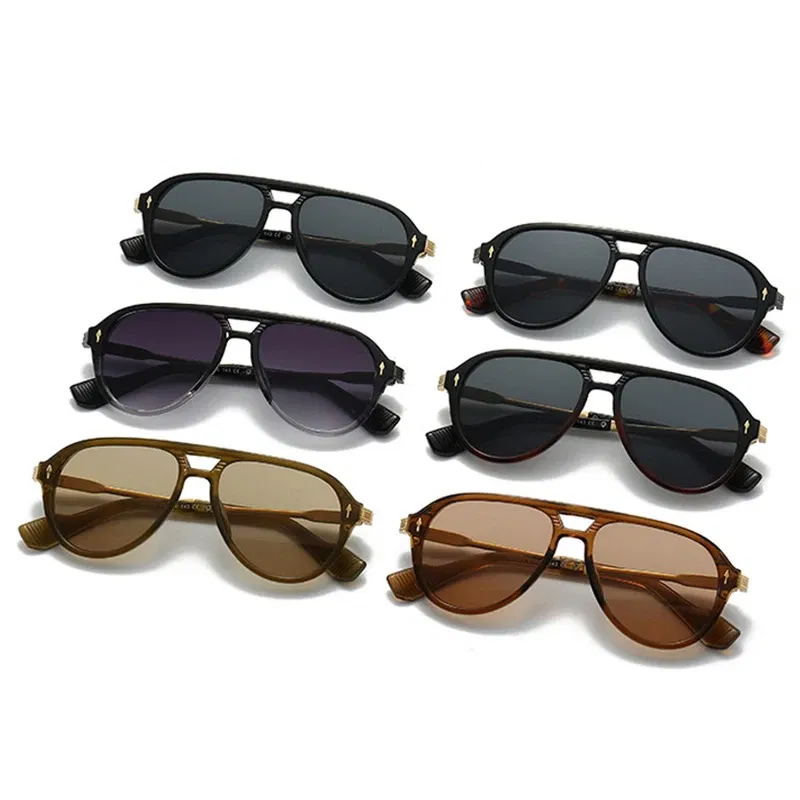 Lenses Color: Brown, Frame Color: other - SHAUNA Retro Double Bridges Pilot Men Sunglasses Fashion Brand Designer Shades UV400 Trending Rivets Women Luxury Sun Glasses