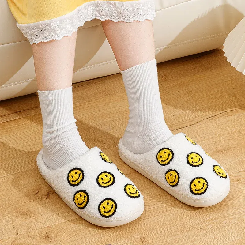 Color: Yellow, Shoe Size: 4.5 - Little Cute Smile Face Slippers Houseshoes Women's House Smile Ladies Indoor Winter Fluffy Cozy Home Comfy Women Shoes