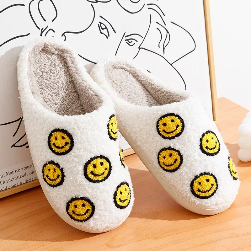 Color: Yellow, Shoe Size: 4.5 - Little Cute Smile Face Slippers Houseshoes Women's House Smile Ladies Indoor Winter Fluffy Cozy Home Comfy Women Shoes