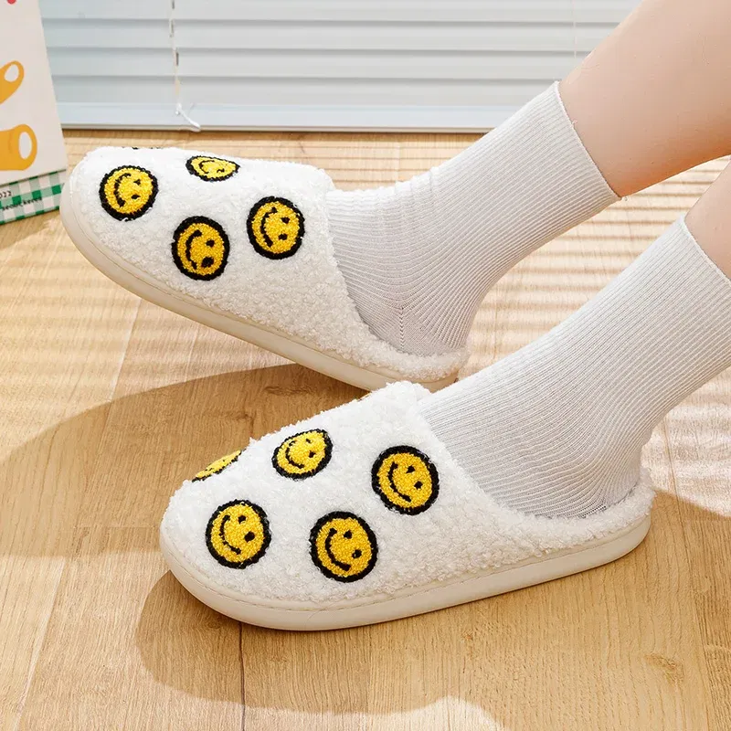 Color: Yellow, Shoe Size: 4.5 - Little Cute Smile Face Slippers Houseshoes Women's House Smile Ladies Indoor Winter Fluffy Cozy Home Comfy Women Shoes