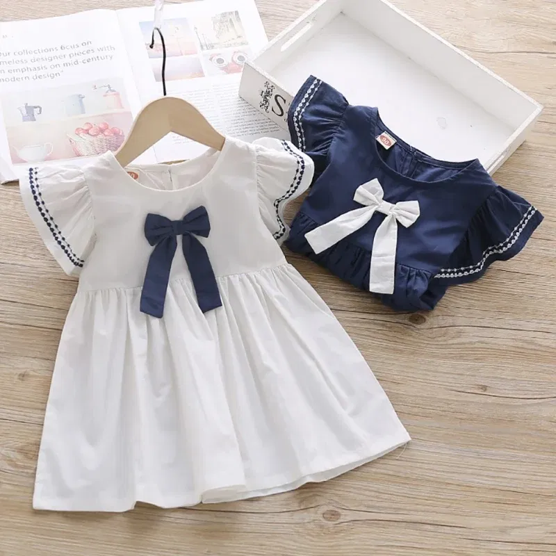 Color: WHITE, Kid Size: 4T - Summer Baby Girl Princess Dress Casual Fashion Baby Girl Flying Sleeve Bow-knot Princess Dress Kids Clothing For 1-6 Years Old