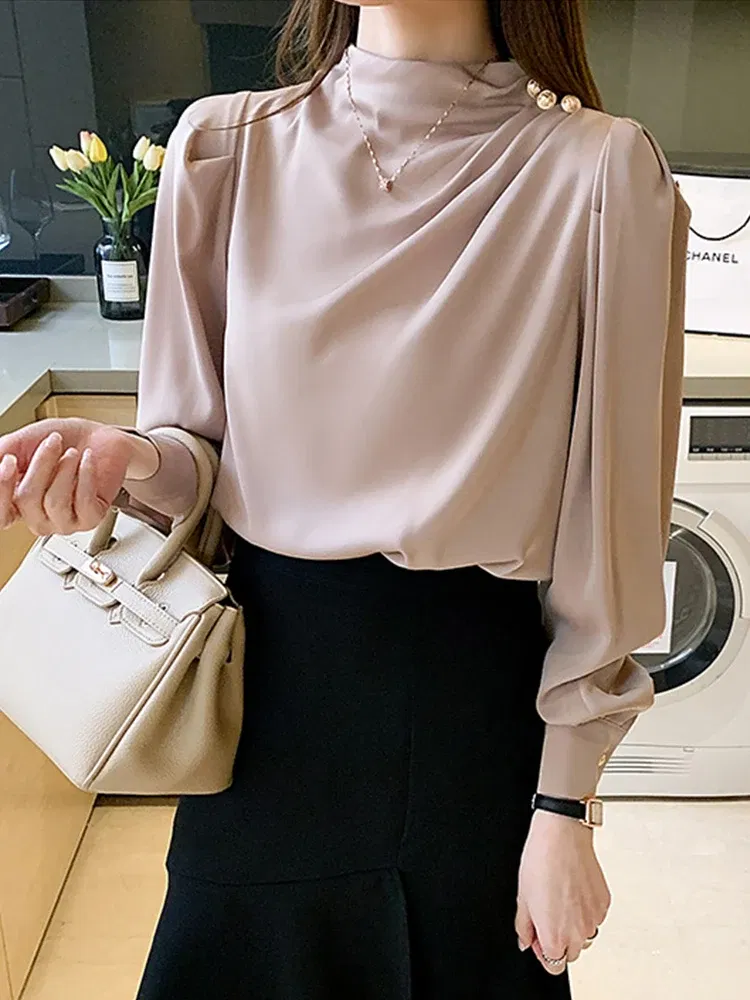 Color: Pink, Size: XL, Ships From: CHINA - Spring Autumn Elegant Office Women Shirt Mujer Chic Satin Formal Lantern Sleeve Blouse Tops Loose Pullover Jumper Street Clothes