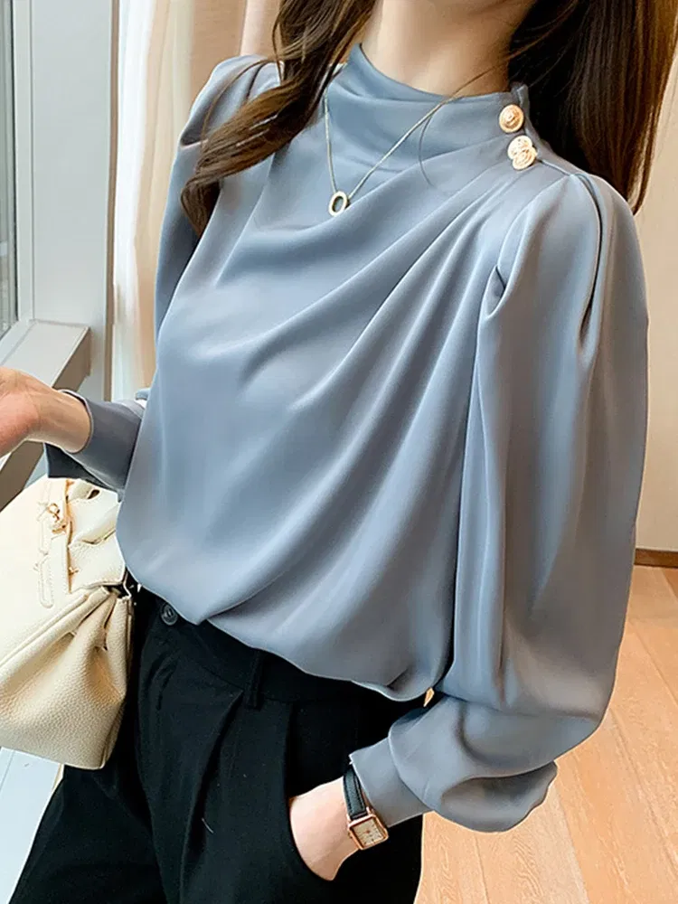 Color: Pink, Size: XL, Ships From: CHINA - Spring Autumn Elegant Office Women Shirt Mujer Chic Satin Formal Lantern Sleeve Blouse Tops Loose Pullover Jumper Street Clothes