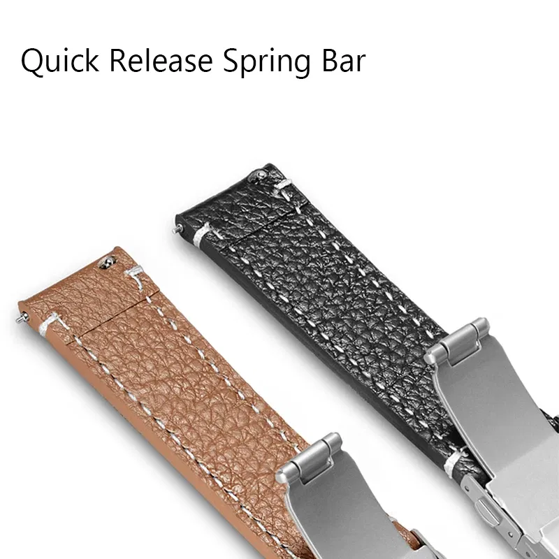 Band Color: BLACK WHITE, Band Width: 17mm - Soft Genuine Leather Smart Watch Band 18 20 22 24mm Women Men Cowhide Strap Brown Black Quick Release Watchband Bracelet