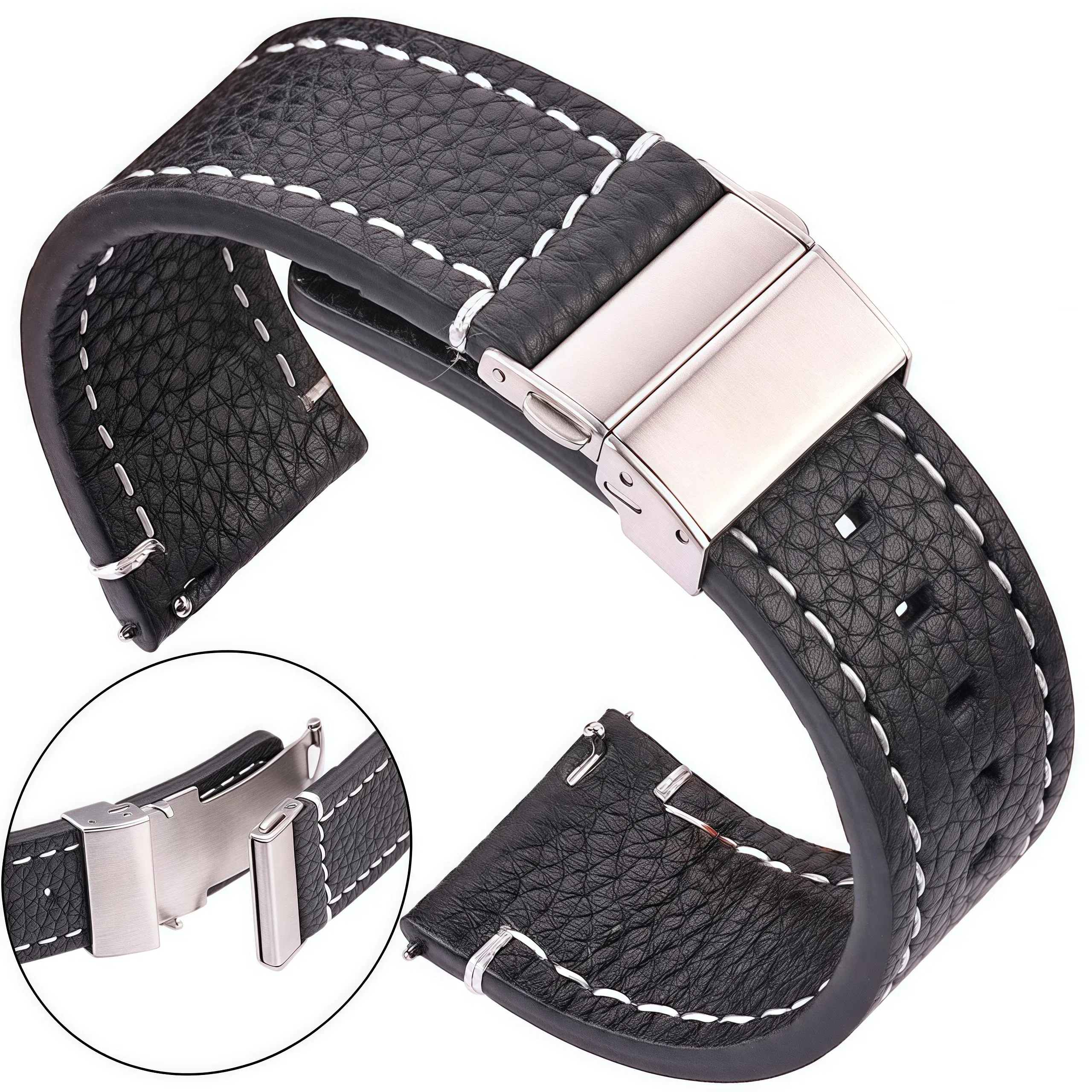 Band Color: BLACK WHITE, Band Width: 17mm - Soft Genuine Leather Smart Watch Band 18 20 22 24mm Women Men Cowhide Strap Brown Black Quick Release Watchband Bracelet
