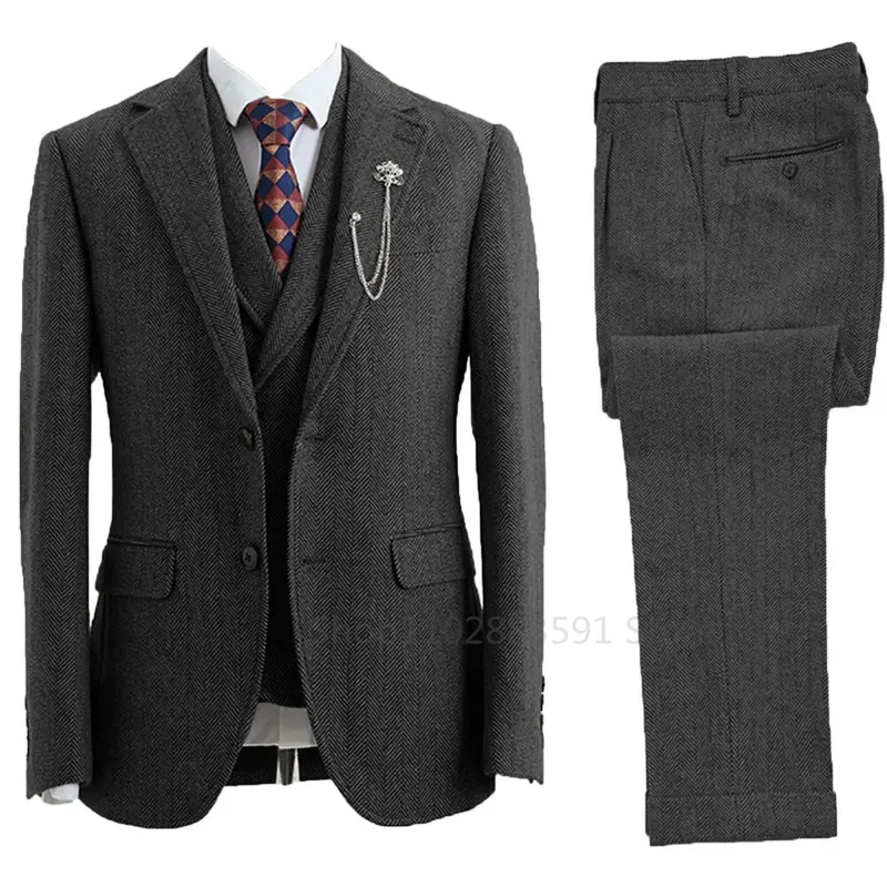 Color: Dark Grey, Size: S - 3 Piece Men Suit Tweed Herringbone Double-Breasted Wedding Tuxedos Size Men Clothing Casual Style Men's Fashion Costume Homme