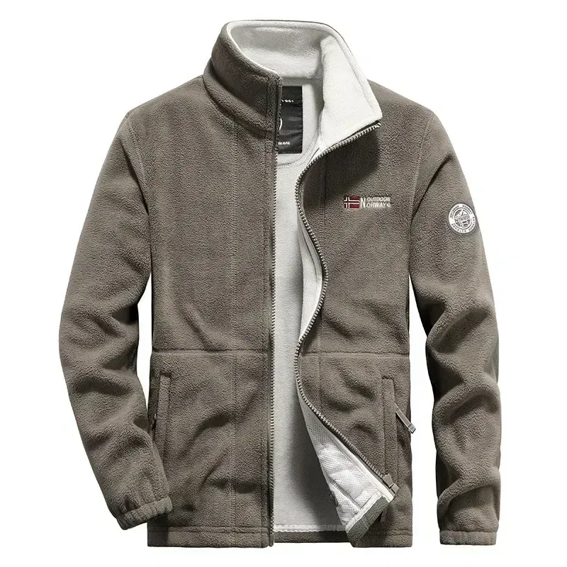 Color: Khaki, Size: XXL - Men Fleece Jacket Pockets Thicken Polar Norway Ski Jackets Cold-proof Overcoat Plus Size Outwear Autumn Winter Casual Warm Coat