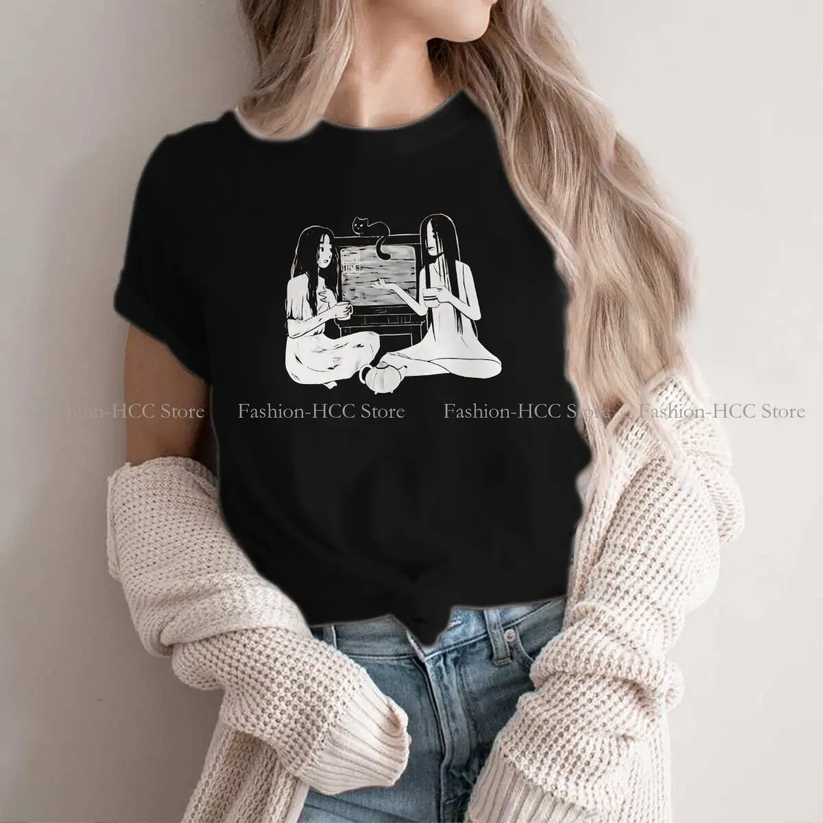 Color: black, Size: XL - Sadako And Kayako Tea Time Newest Polyester TShirts Ju On The Grudge Movie Momen Graphic Tops T Shirt O Neck