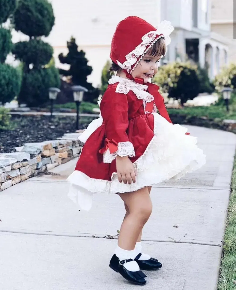 Kid Size: 24 - 4PCS Baby Girl Autumn Winter Spring Red Velvet Vintage Spanish Princess Dress Lolita Christmas Birthday Wedding Party C1