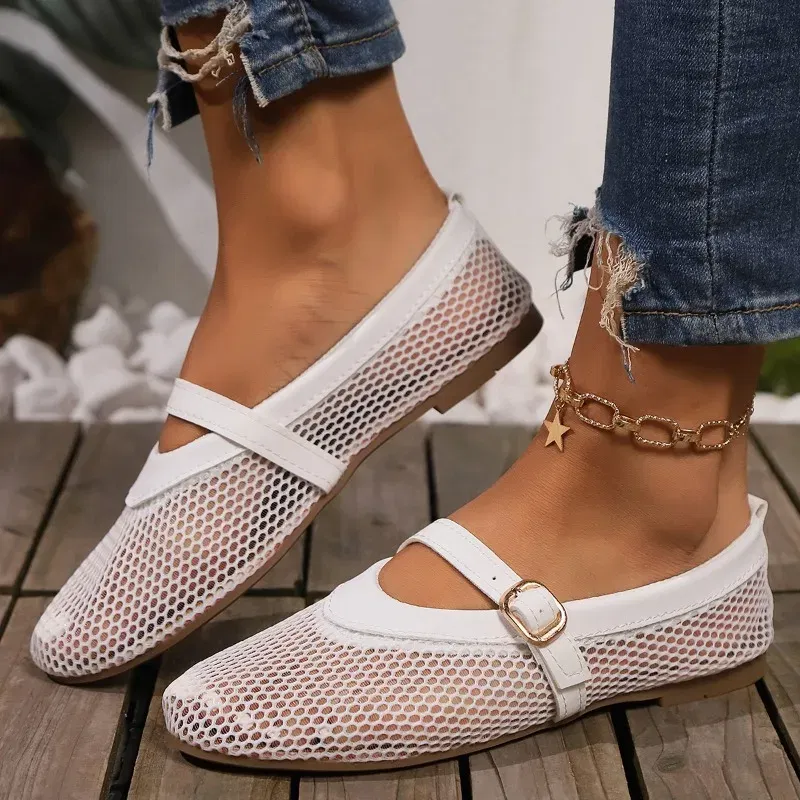 Color: WHITE, Shoe Size: 36 - Round head one buckle strap ballet shoes women's soft bottom flat hollow Mary Jane single fishing net shoes