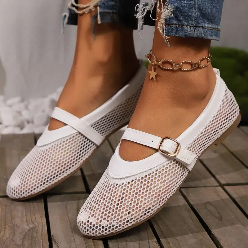 Color: WHITE, Shoe Size: 36 - Round head one buckle strap ballet shoes women's soft bottom flat hollow Mary Jane single fishing net shoes