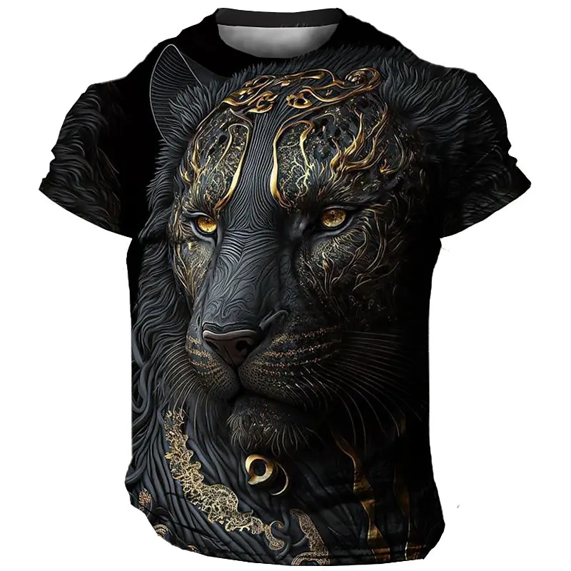 Size: XXL, Color: Gold - Daily Oversized Men's T-Shirt 3D Lion Print Tees Tops Summer Casual Animal Pattern Streetwear New Fashion Street Men Clothing