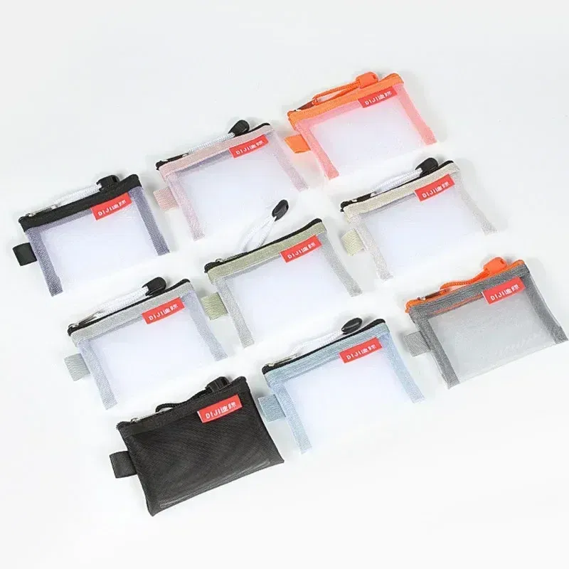 Color: Beige - Mini Mesh Coin Bags Money Earphone Data Line Storage Bags Bus ID Credit Card Holder Zipper Pouch Traveling Small Coin Wallet