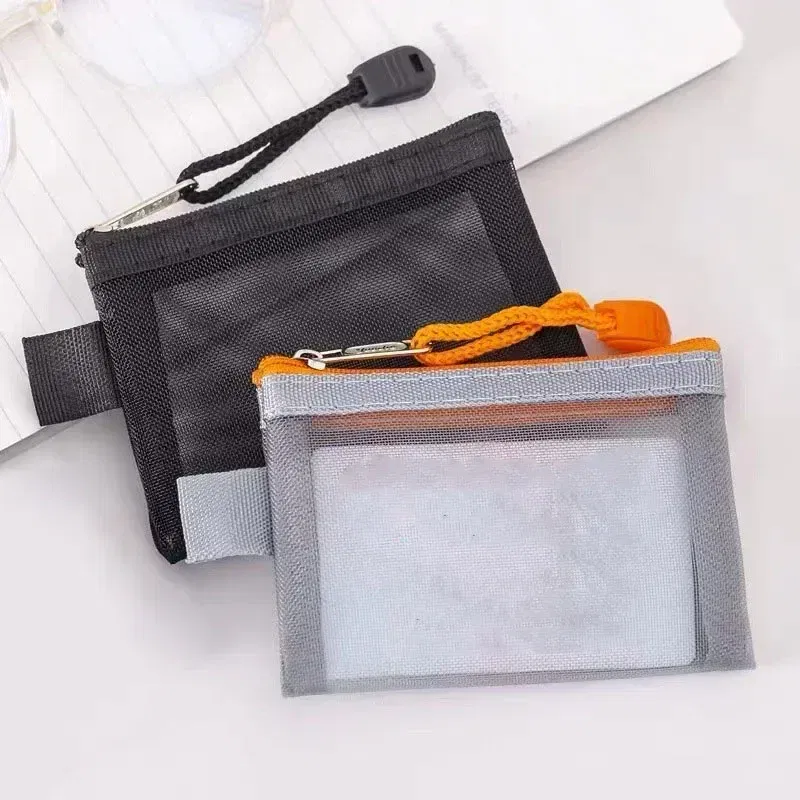 Color: Beige - Mini Mesh Coin Bags Money Earphone Data Line Storage Bags Bus ID Credit Card Holder Zipper Pouch Traveling Small Coin Wallet