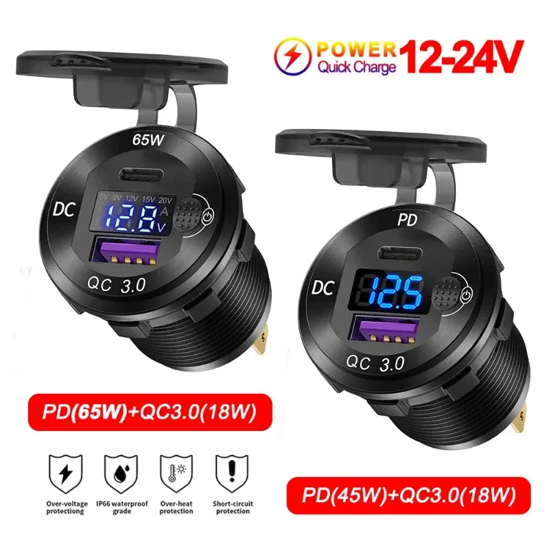 Color Name: GRAY - 83W USB C Car Charger Socket 12/24V Outlet Laptop Fast Charging 65W PD3.0 & QC3.0 with Digital Display for Car RV ATV Motorcycle
