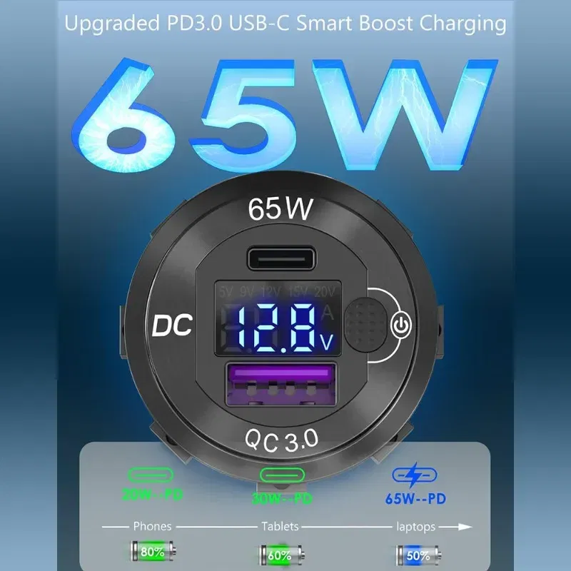 Color Name: GRAY - 83W USB C Car Charger Socket 12/24V Outlet Laptop Fast Charging 65W PD3.0 & QC3.0 with Digital Display for Car RV ATV Motorcycle