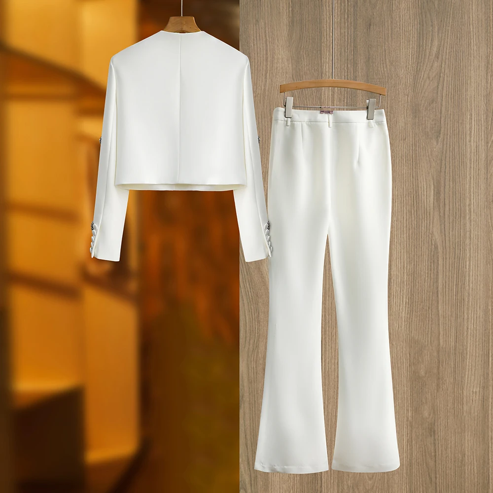 Color: black, Size: S, Ships From: CHINA - Luxury Design Handmade Spark Rhinestone Women 2PCS Pants Suits Short Jacket Wide-leg Trousers High Street White Twin Sets