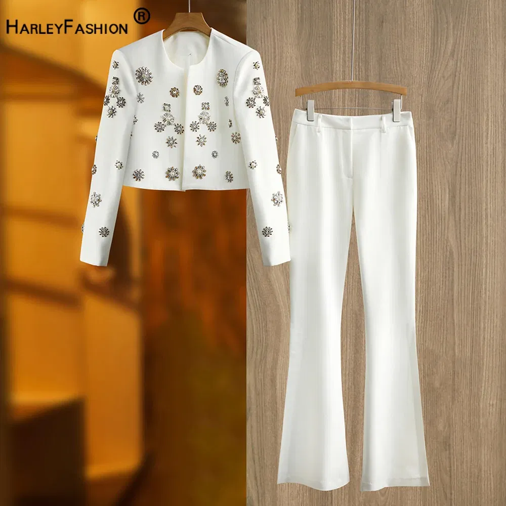 Color: black, Size: S, Ships From: CHINA - Luxury Design Handmade Spark Rhinestone Women 2PCS Pants Suits Short Jacket Wide-leg Trousers High Street White Twin Sets