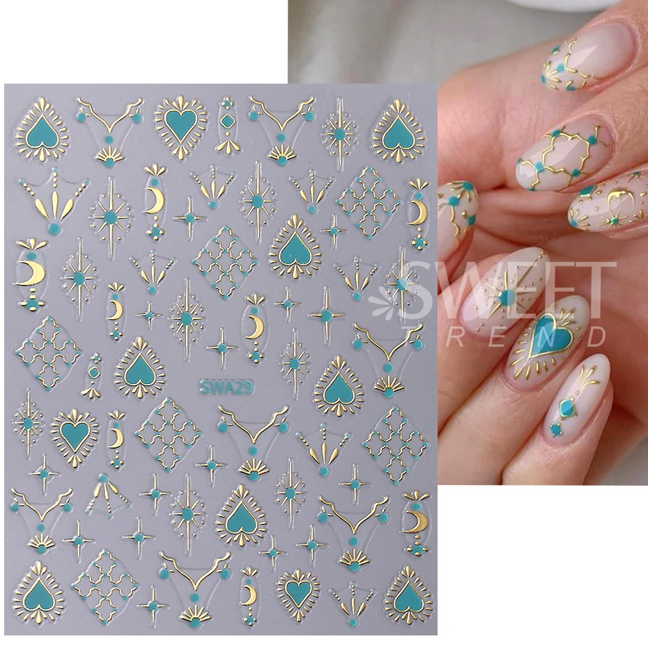 Color: Red - Metallic Bohemian Style Nail Sticker Gold Silver Lace Lines Green Gem Love Heart 3D Holographic Manicure Sliders Nail Decoration