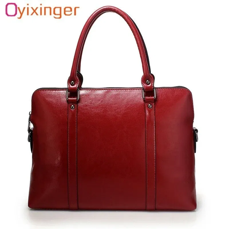 Color: Dark Grey - Oyixinger New 100% Genuine Leather Briefcase For Woman 14 inch Laptop Bag Women's Handbags Office Ladies Shoulder Messenger Bags