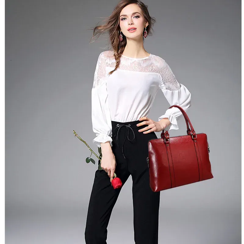 Color: Dark Grey - Oyixinger New 100% Genuine Leather Briefcase For Woman 14 inch Laptop Bag Women's Handbags Office Ladies Shoulder Messenger Bags