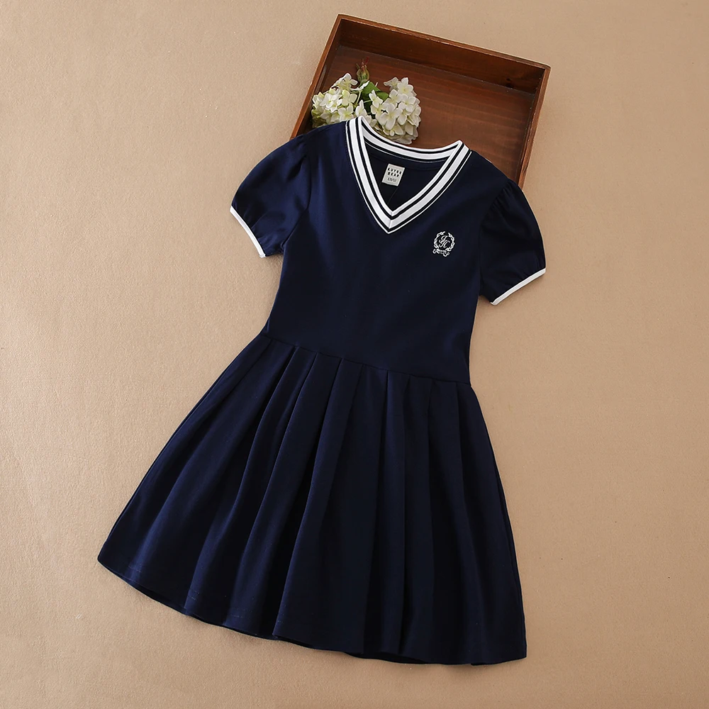 Color: Blue, Kid US Size: 9T - Girls' White Summer Dress V-Neck Polo Pleated Dress for School 5-12 Years Girls Clothing