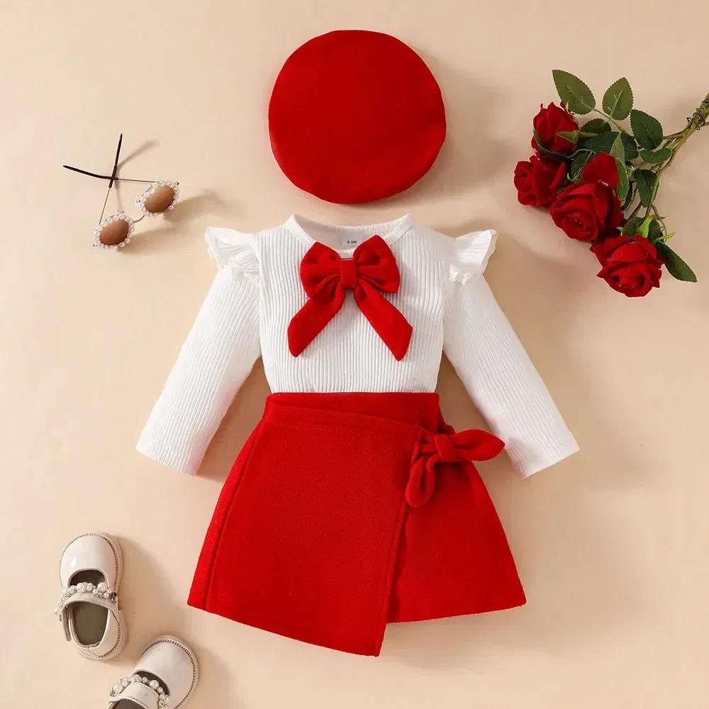 Color: Navy Blue, Kid Size: 3M - Baby Girls Clothes New Year Set 0-3Y Long Sleeve Big Bow Top Irregular Skirt and Beret 3Pcs Toddler Christmas Clothes