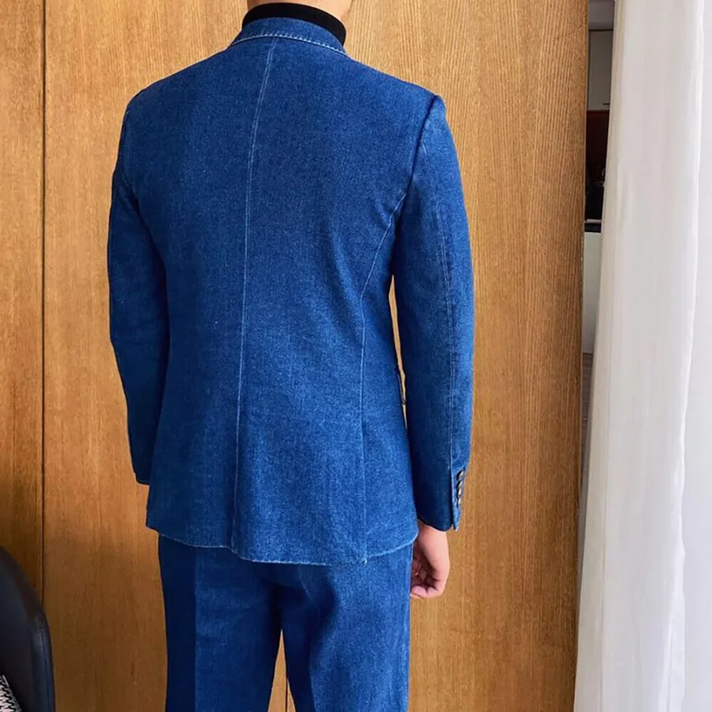 Color: black, Size: 6XL - Denim British fashion men's suit high quality casual 2 piece top pants suit
