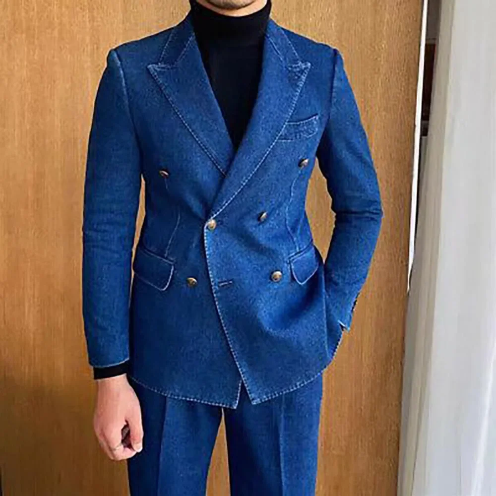 Color: black, Size: 6XL - Denim British fashion men's suit high quality casual 2 piece top pants suit