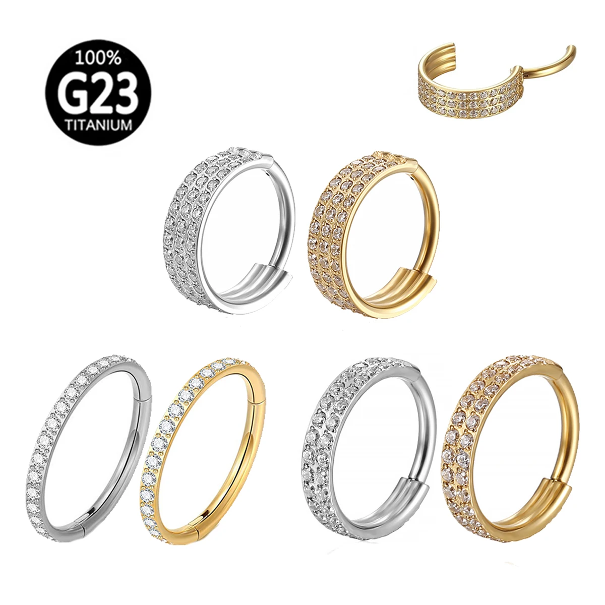 Metal color: SILVER PLATED, Main Stone Color: black - G23 Titanium Piercing Hinged Segment Hoops CZ Stone Nose Rings Ear Cartilage Tragus Helix Earrings Piercing Body Jewelry