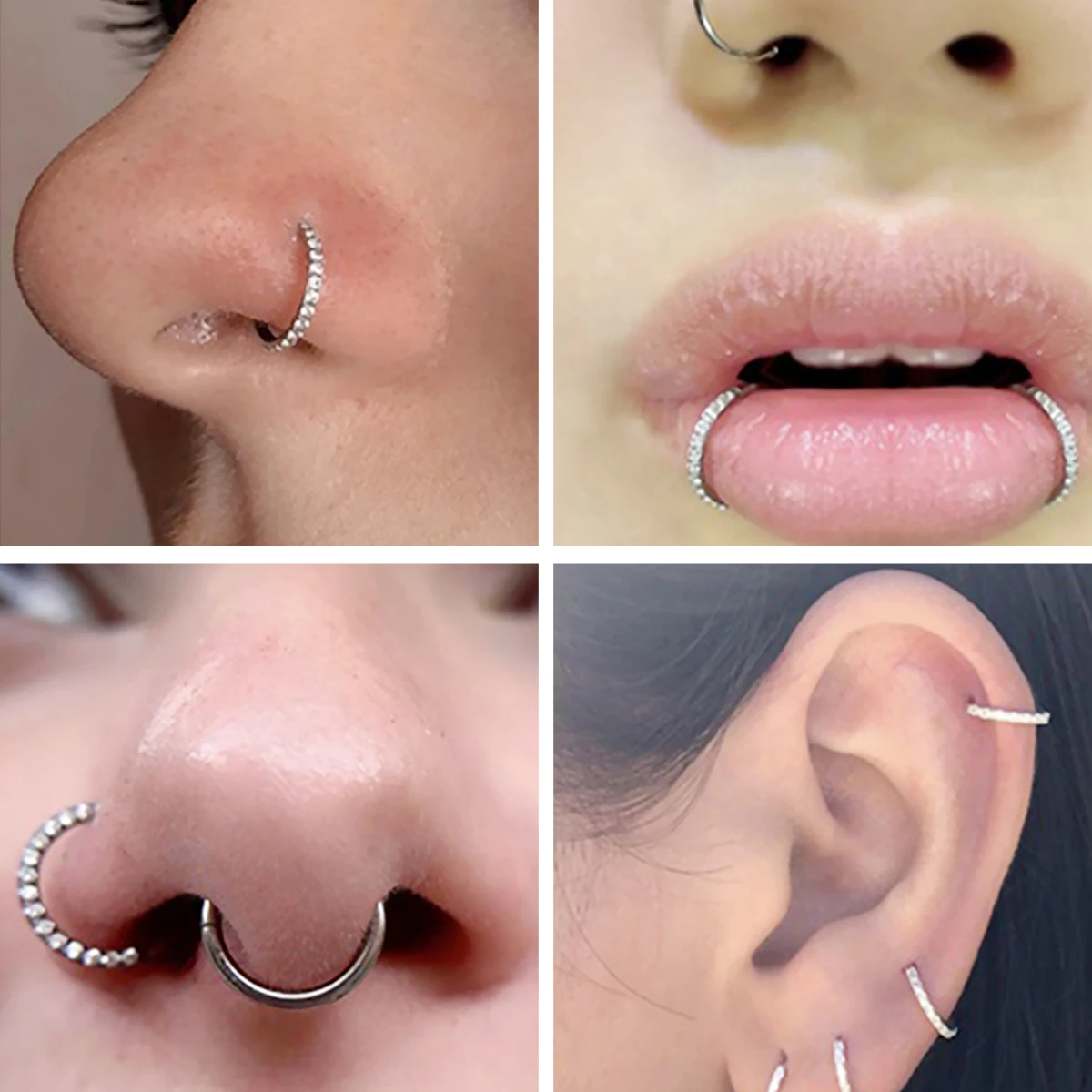 Metal color: SILVER PLATED, Main Stone Color: black - G23 Titanium Piercing Hinged Segment Hoops CZ Stone Nose Rings Ear Cartilage Tragus Helix Earrings Piercing Body Jewelry