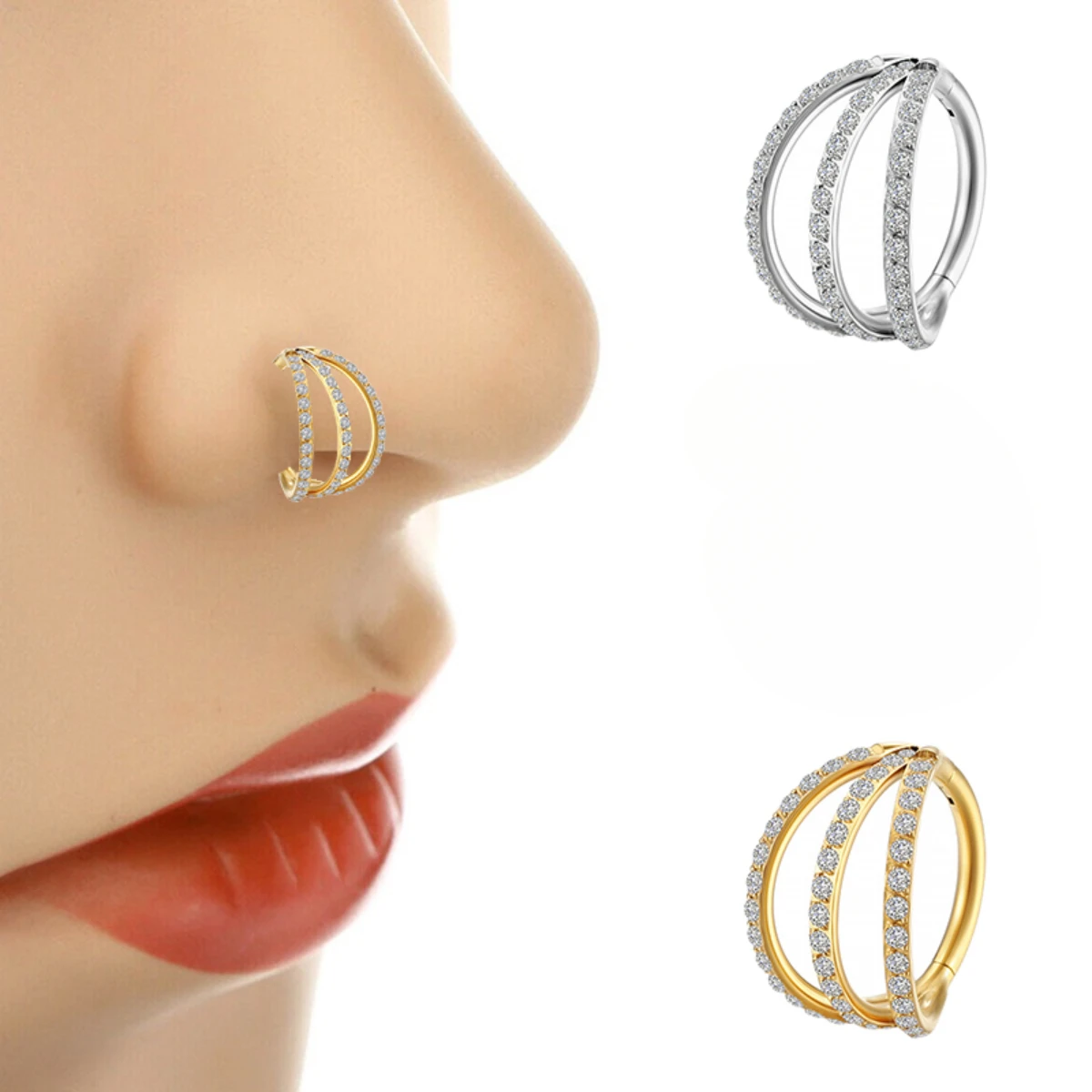Metal color: SILVER PLATED, Main Stone Color: black - G23 Titanium Piercing Hinged Segment Hoops CZ Stone Nose Rings Ear Cartilage Tragus Helix Earrings Piercing Body Jewelry