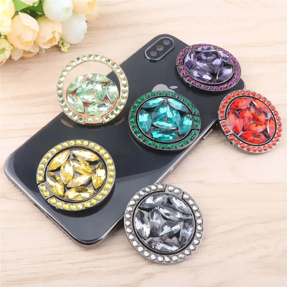 Color: Yellow - Universal Luxury Bling Diamond Phone Holder Foldable Portable Lazy Bracket Smartphone Finger Ring Stand Cartoon For iPhone11 XS