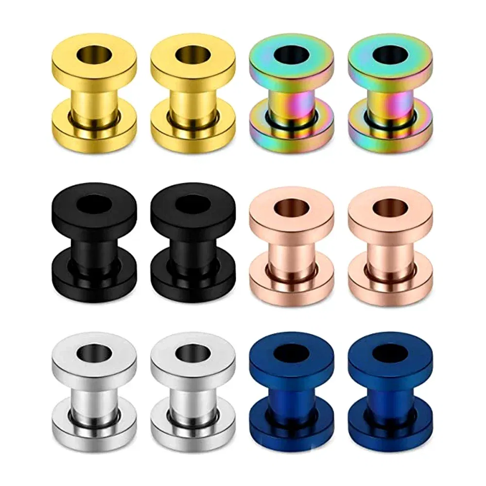 Metal color: Gold-color, Main Stone Color: Blue - 2PCS Multi Color Steel Screw Fit Tunnel Ear Plug Stretcher Gauge 3-25mm Ear Lobe Tunnel Expander