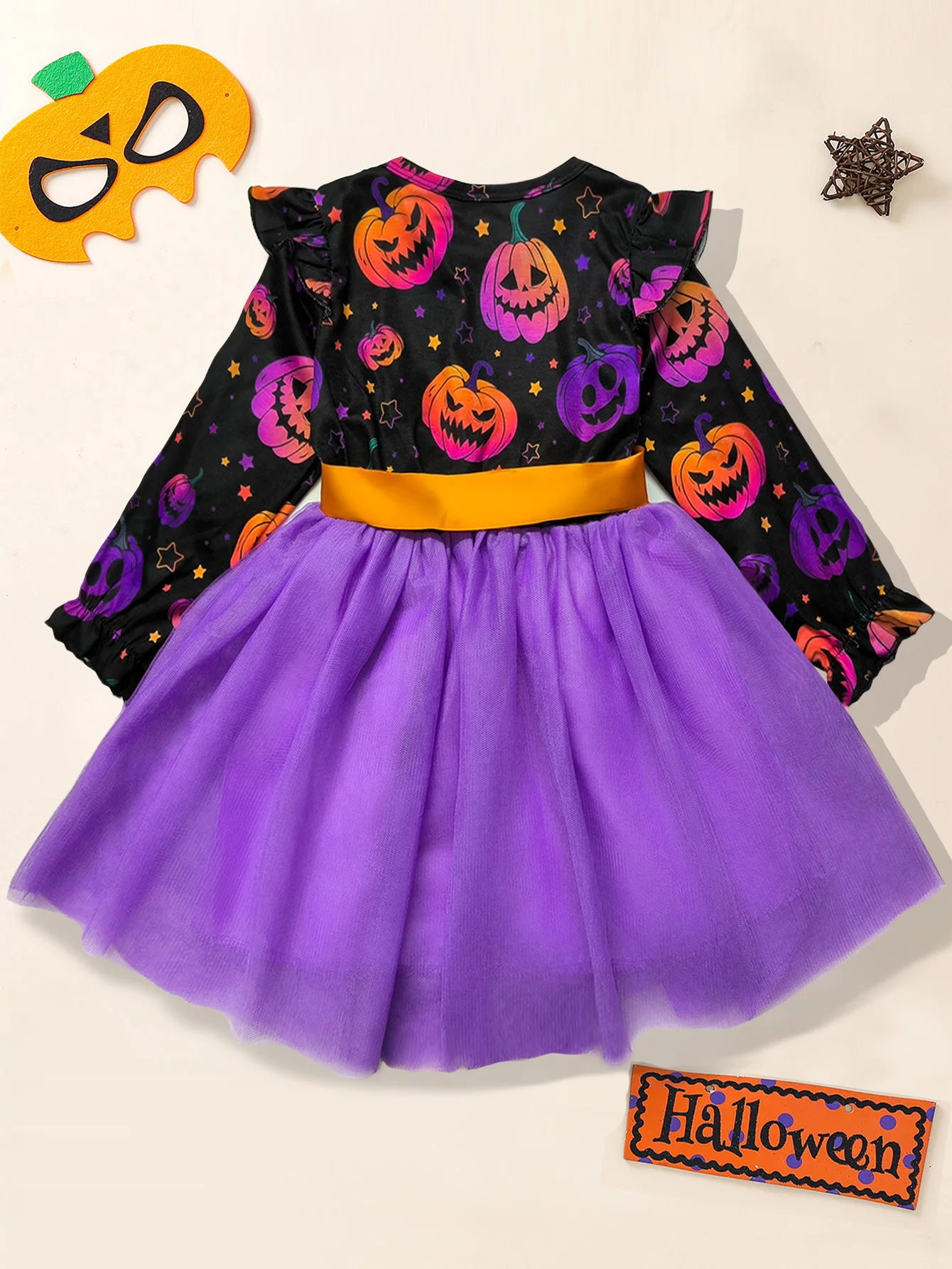 Color: PURPLE, Kid Size: 5 - Girl Halloween Dress Pumpkin Ghost Face Pattern Mesh With Ribbon Long Sleeved Girls Party Dresses 2-8 Children Halloween Costume