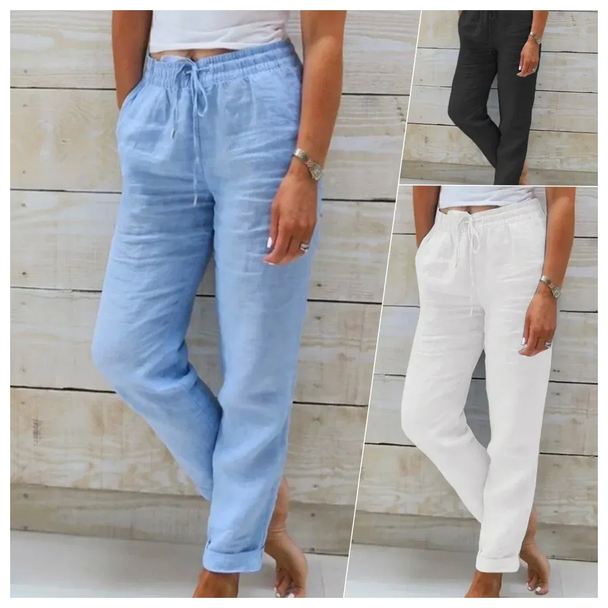 Color: WHITE, Size: L - Cotton Linen Summer Pants for Women High Waist Elastic Casual Trousers Streetwear Solid Female Clothes 2024 Loose Pencil Pants